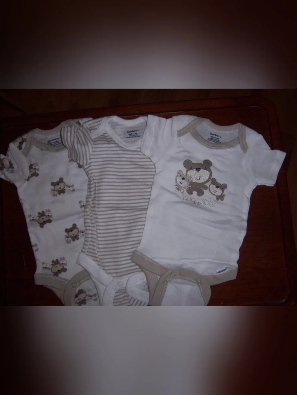 NWT Gerber Newborn Baby Onesies 3-Pack Bear Bodysuits Neutral Beige White